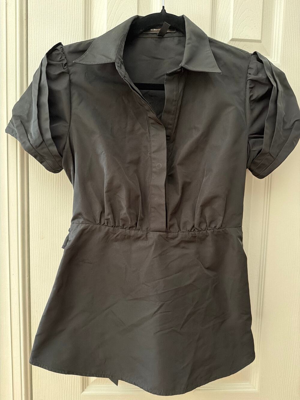 BCBG Max Azria Black Taffeta Wrap Tie Back Puff Sleeve Peplum Blouse Size S